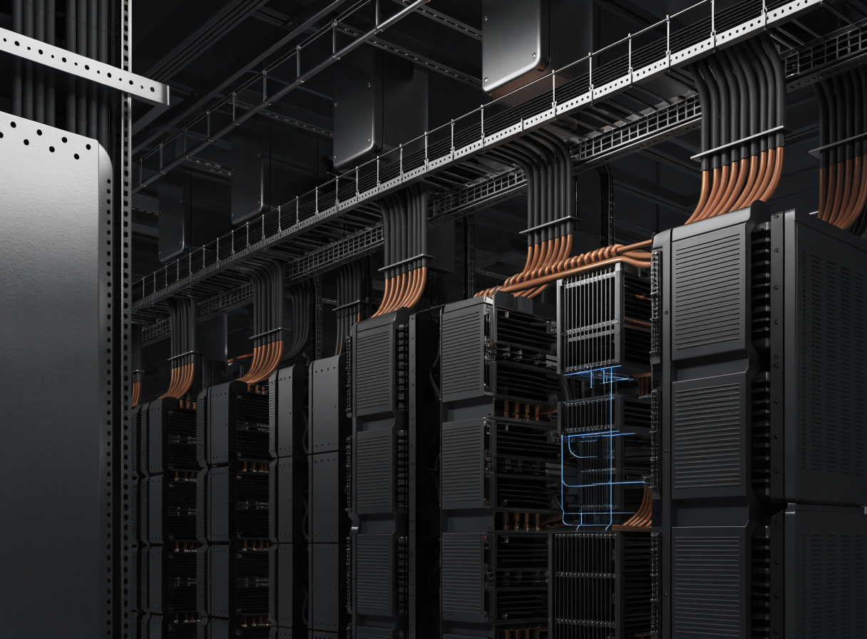 Conceptual AI data-center electrical infrastructure with modular power conversion cabinets